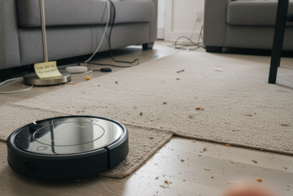 A robotic vacuum easily picking up coffee grounds and pet hair from a floor