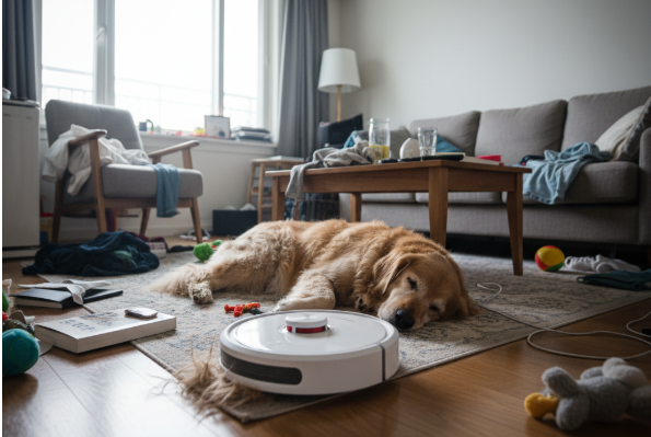 A robotic vacuum navigating around pet toys and furniture in a living room